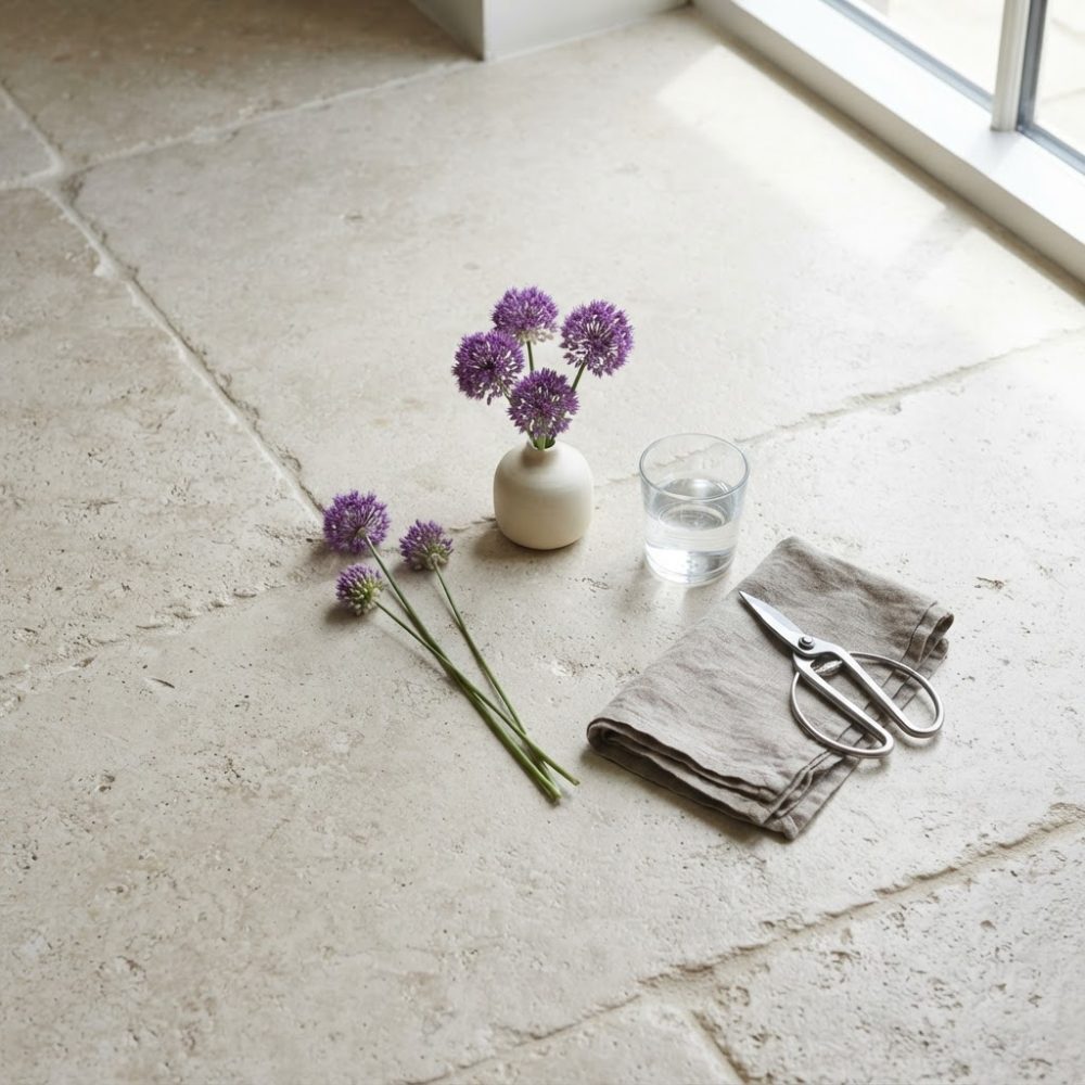 Flores roxas num vaso branco, tesoura e copo de água num chão de pedra clara