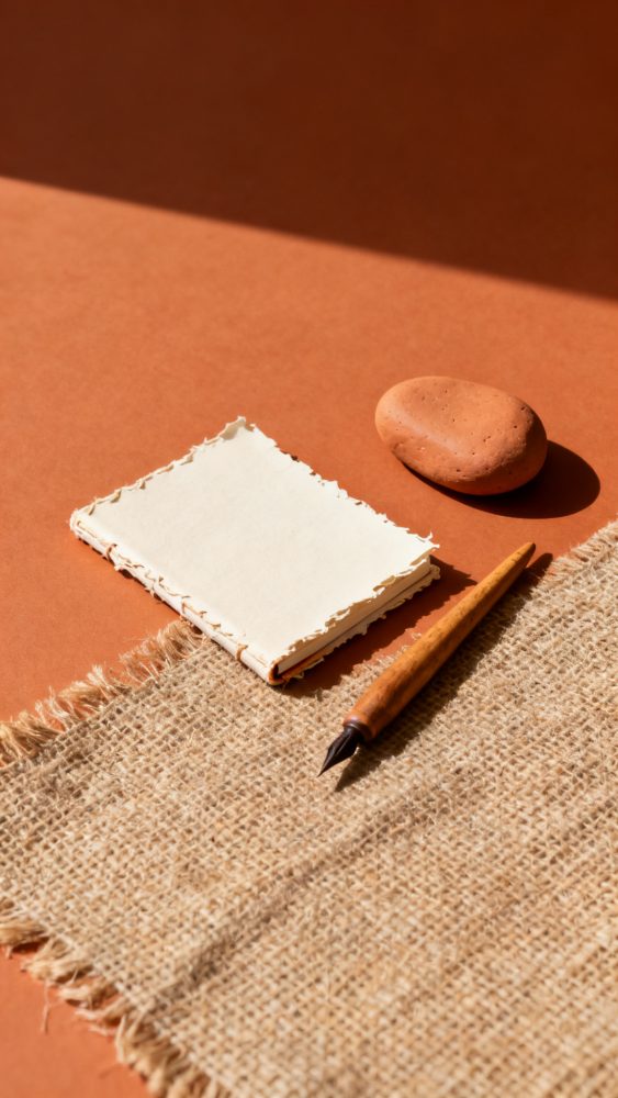 Caderno com folhas irregulares, pena de escrita e pedra sobre tecido rústico e fundo laranja