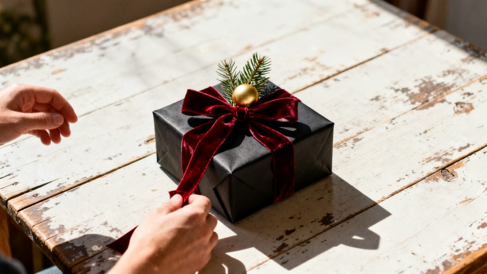 Mãos a segurar caixa de presente de Natal preta com laço vermelho e ornamento dourado sobre mesa rústica