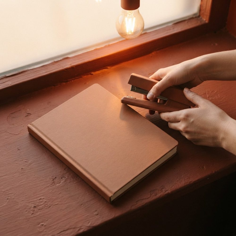 Caderno castanho e mãos a usar agrafador castanho junto a janela com lâmpada incandescente