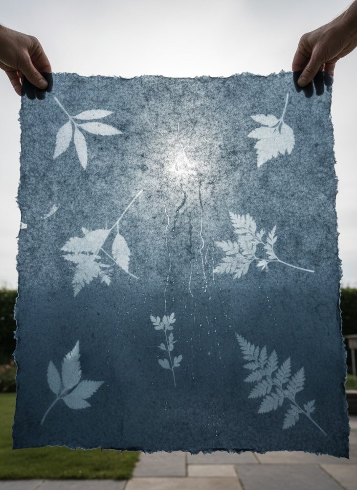 Papel artesanal azul com folhas brancas estampadas segurado por duas mãos contra a luz solar