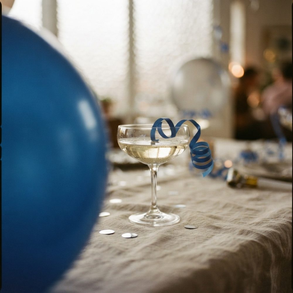 Taça de champanhe com fita azul decorativa numa mesa com confetes e balão azul ao lado