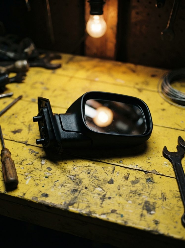 Espelho retrovisor lateral preto para carros colocado numa bancada amarela com ferramentas e luz amarelada