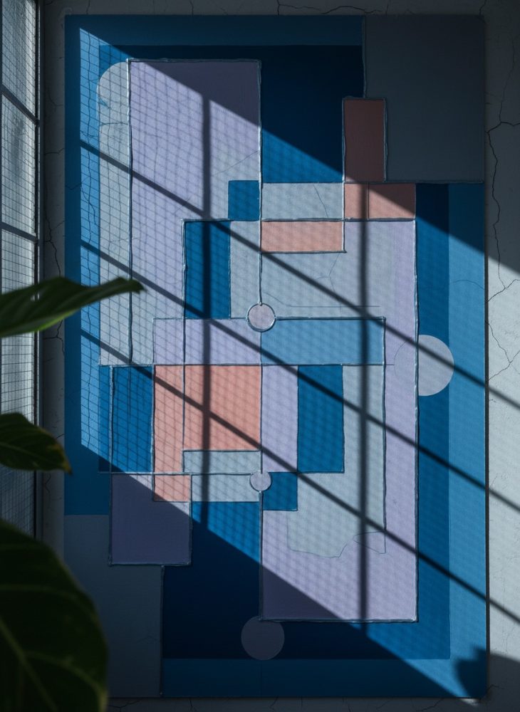Quadro abstrato geométrico com formas azuis e rosas iluminado por sombra de janela