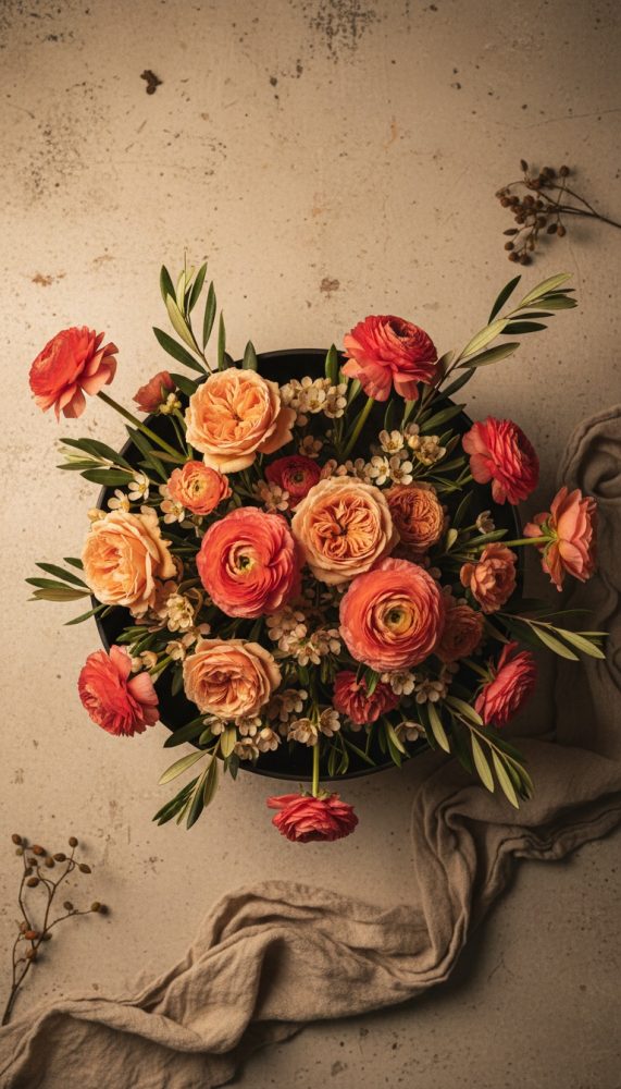 Arranjo de flores em vaso preto com ranúnculos laranja e rosas pêssego sobre fundo neutro e tecido bege