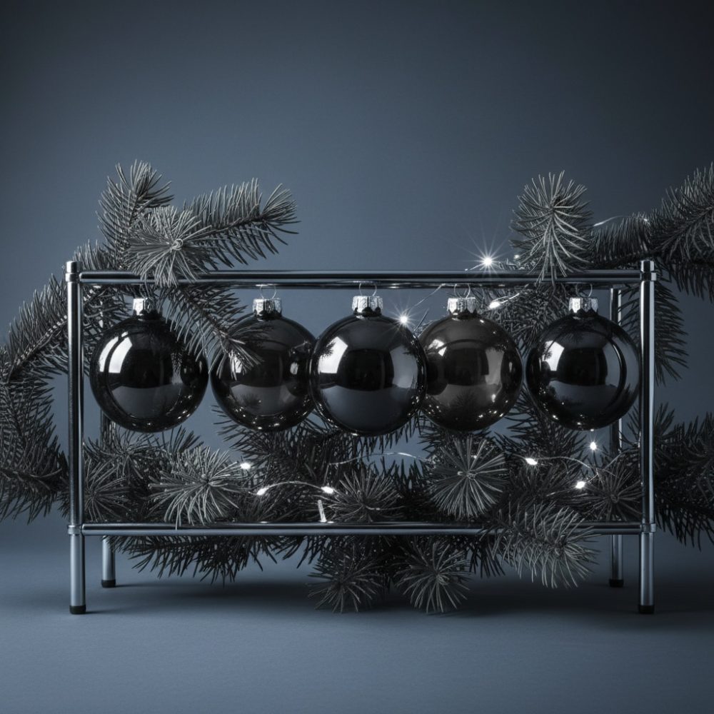 Bolas de Natal pretas brilhantes penduradas num suporte metálico com ramos de pinheiro e luzes brancas