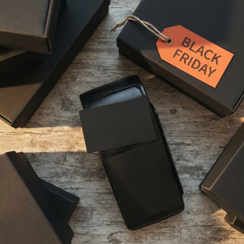Máquina de cartão e caixas pretas com etiqueta Black Friday sobre superfície de madeira