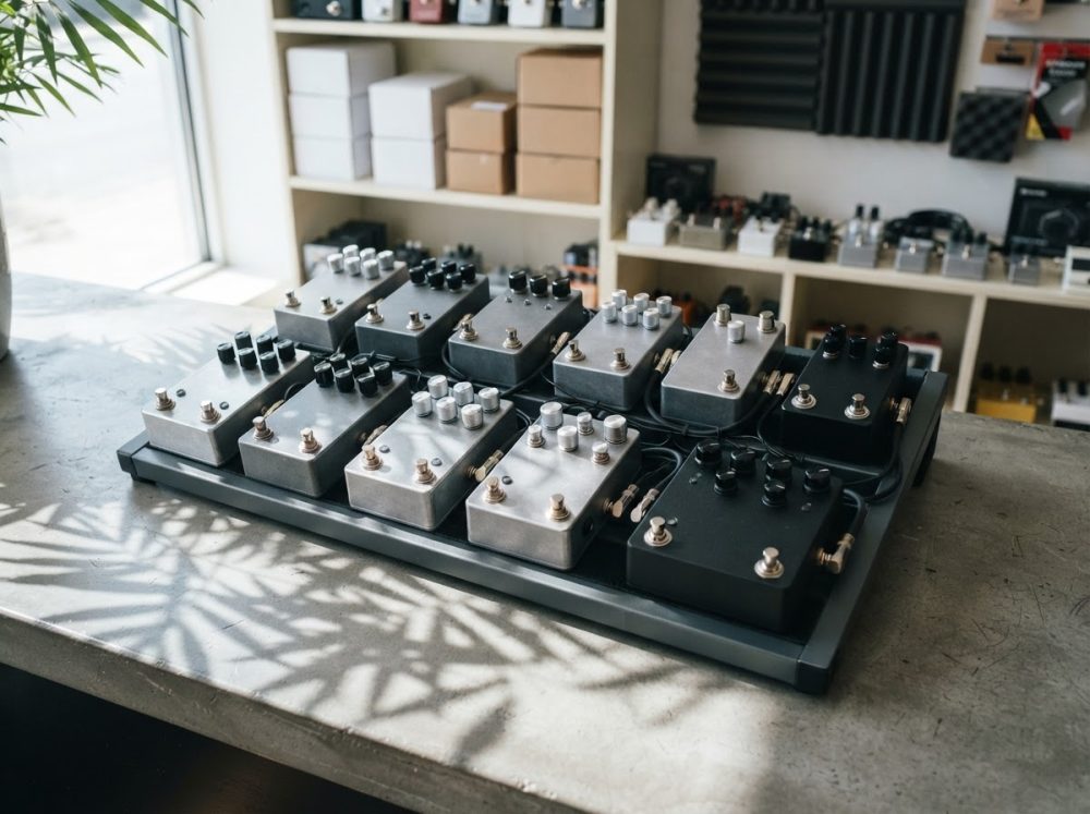 Pedais de efeitos para guitarra organizados num suporte preto sobre bancada com luz natural e sombras de plantas