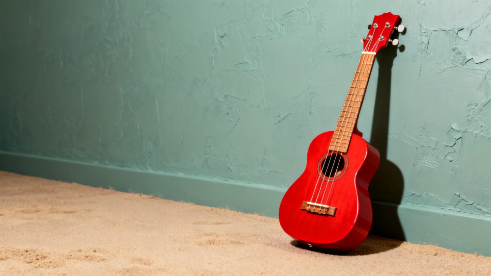 Ukulele vermelho apoiado contra parede verde texturada sobre tapete bege