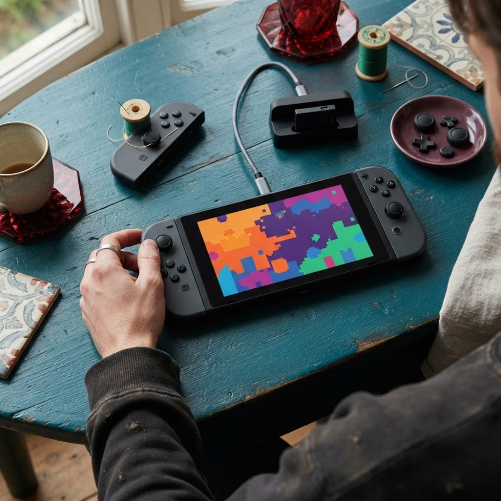 Consola portátil de videojogos ligada a carregador sobre mesa azul com comandos destacáveis
