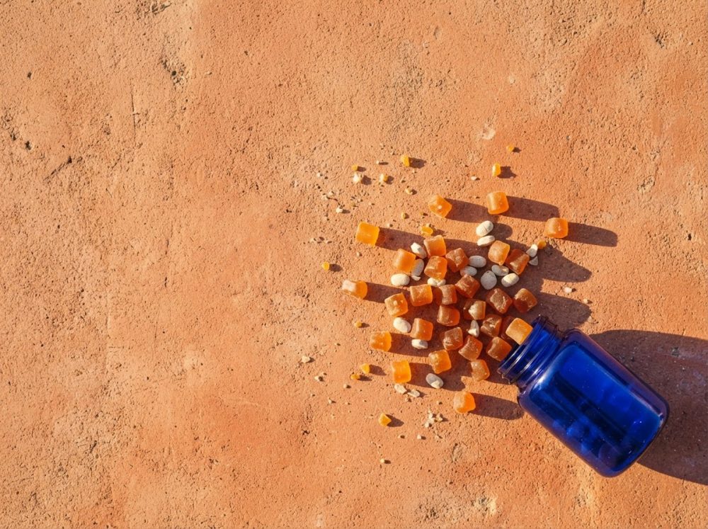 Frasco azul com pastilhas laranja e brancas espalhadas sobre fundo castanho rústico