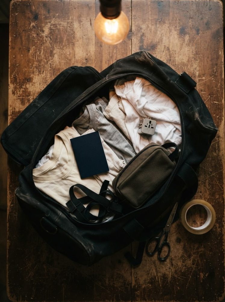 Mala preta aberta sobre mesa de madeira com roupa, passaporte, adaptador de tomada, bolsa, tesoura e fita adesiva
