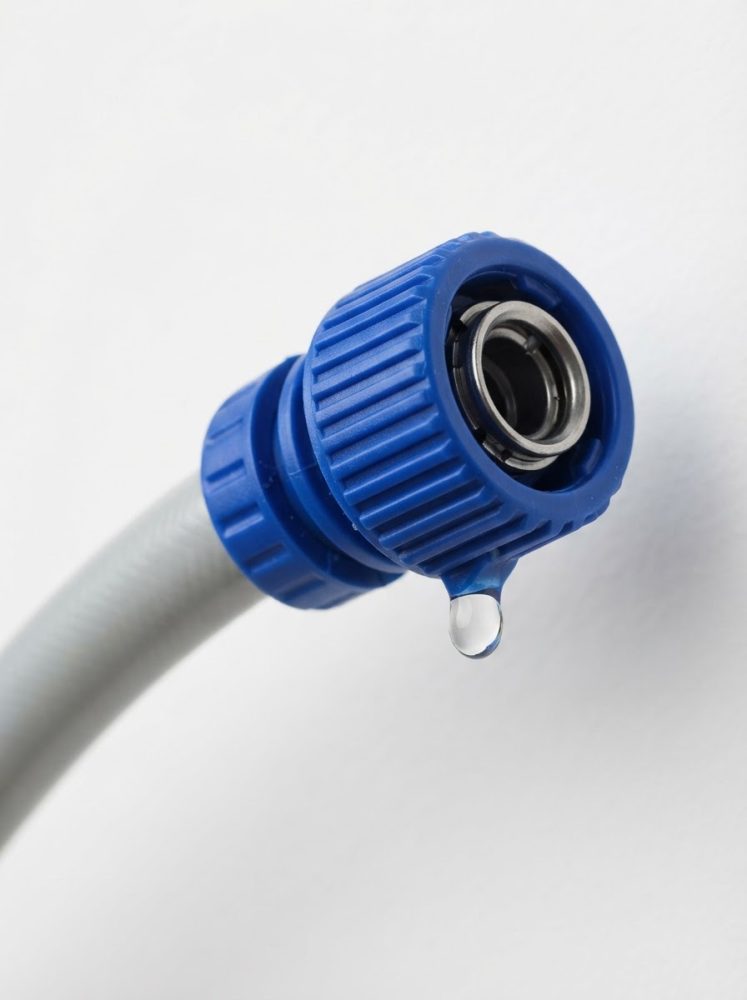 Conector de manguheira azul com gota de água pendente em fundo branco