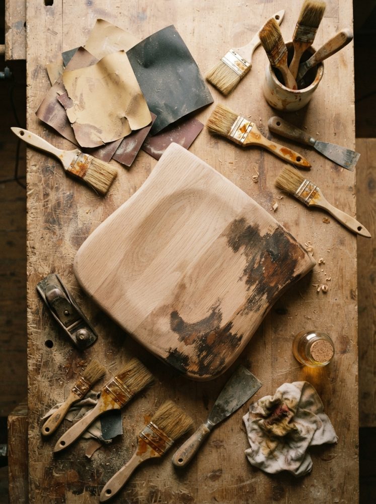 Mesa de trabalho com pincéis, lixas e peça de madeira para restauro