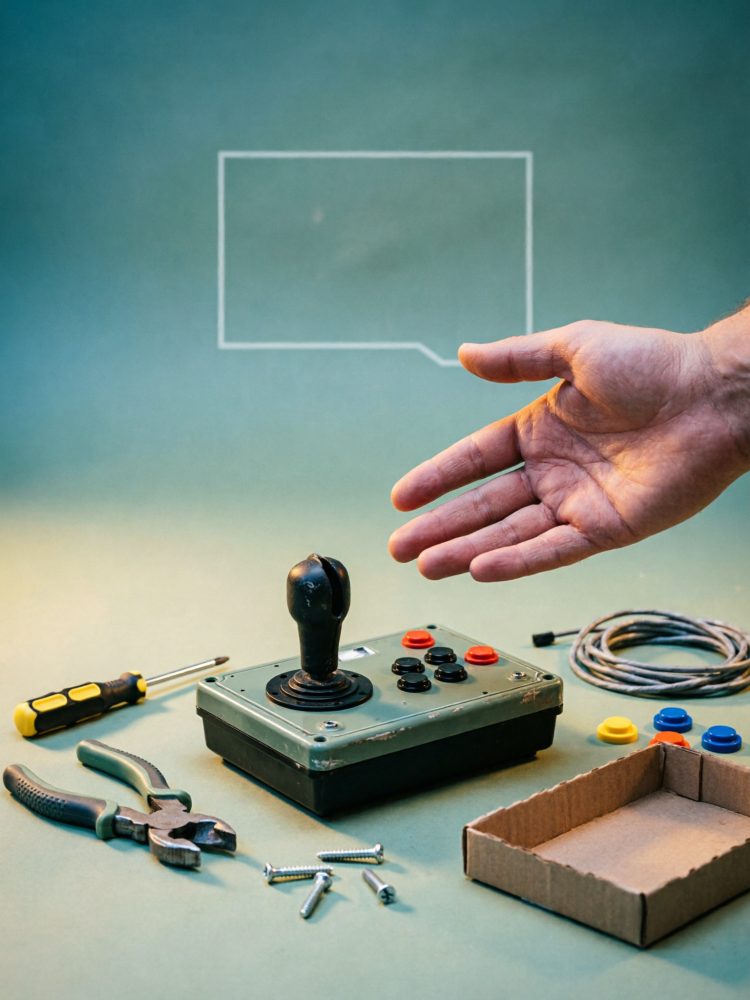 Comando retro de videojogos com joystick, botões coloridos, ferramentas e parafusos num fundo neutro