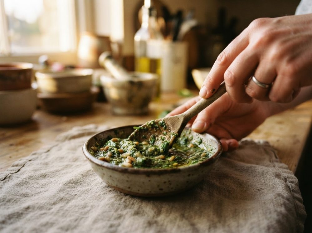 Mãos a mexer molho pesto numa taça rústica em cozinha acolhedora iluminada por luz natural