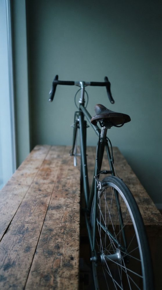 Bicicleta de estrada vintage com selim de couro sobre mesa de madeira rústica junto a parede verde