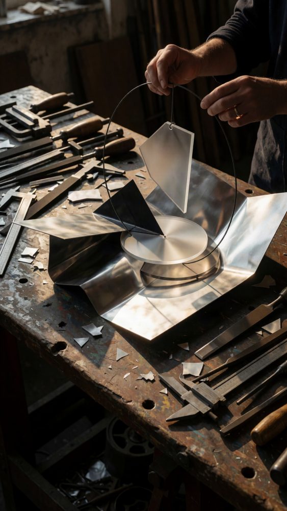 Escultura abstrata metálica com formas geométricas suspensas em anel de arame sobre mesa de oficina