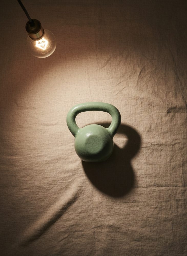 Kettlebell verde sobre tecido bege iluminado por lâmpada pendente quente