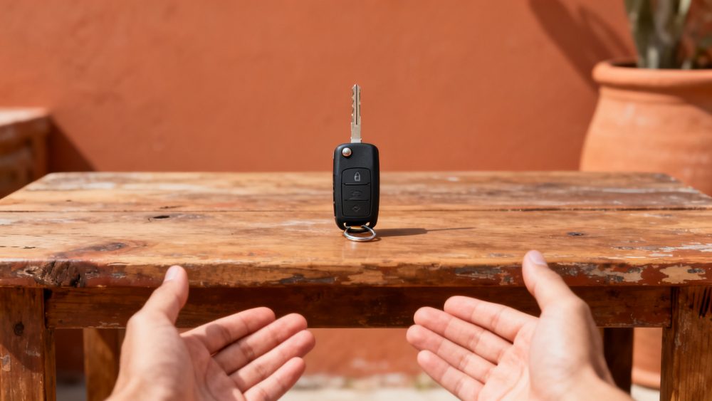 Chave de carro com controlo remoto em mesa de madeira com mãos ao redor