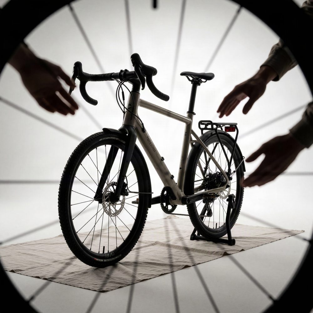 Bicicleta de estrada prateada com guiador curvo e roda em primeiro plano