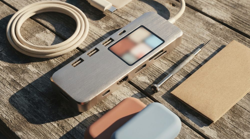 Hub USB metálico com múltiplas portas, cabo tecido branco e ferramentas sobre madeira clara