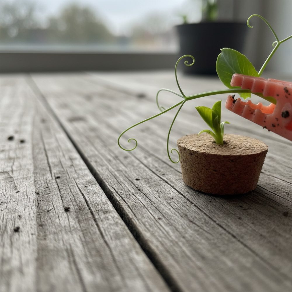 Muda de planta em turbete de fibra natural sobre mesa de madeira com molde de plástico rosa