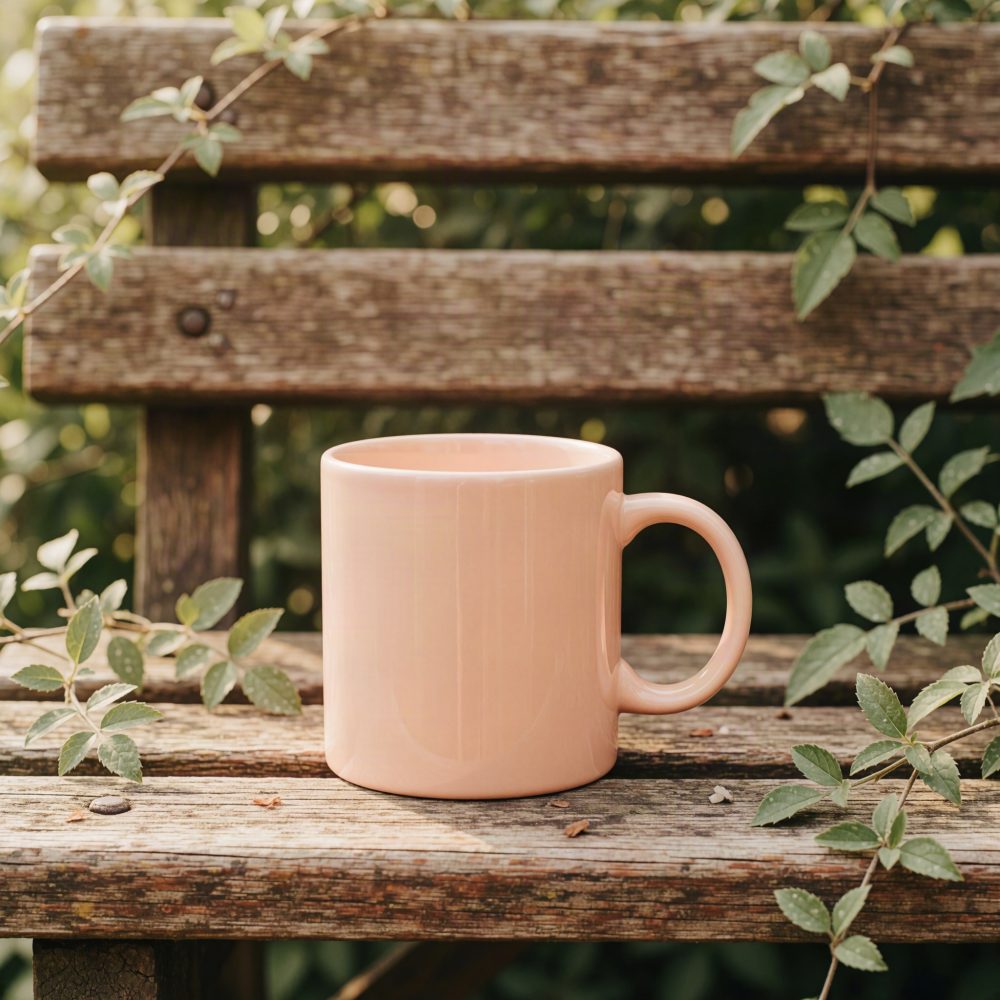 Caneca rosa em banco de madeira com folhas verdes ao redor