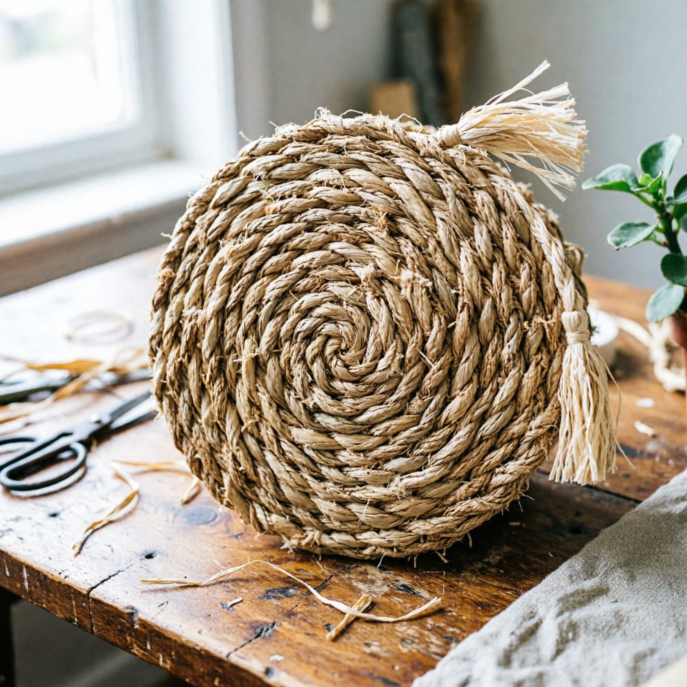 Bolsa redonda trançada em corda natural com franjas numa mesa de madeira ao lado de planta e tesoura