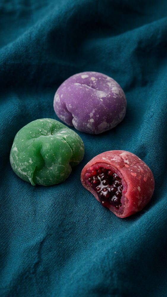 Três doces mochi coloridos sobre tecido azul com recheio de frutas vermelhas visível num deles