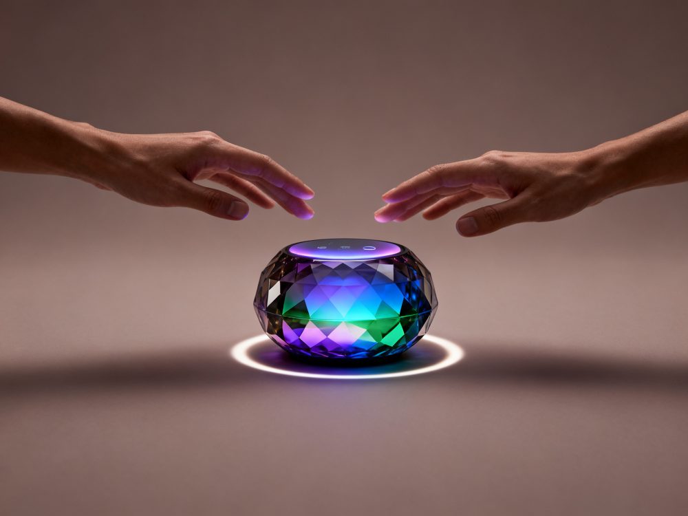 Mãos próximas a coluna portátil facetada com luzes LED coloridas sobre superfície neutra