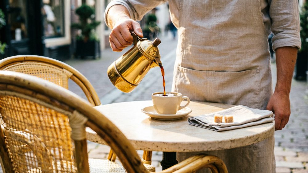 Mão a servir café de bule dourado para chávena branca numa mesa exterior com cadeiras de verga