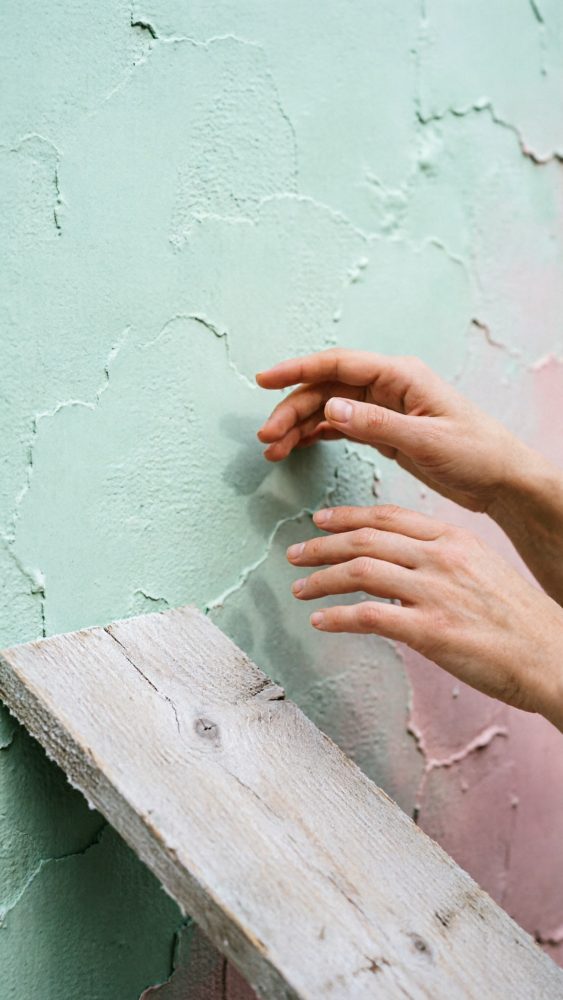 Mãos femininas perto de parede pintada em verde e rosa com textura desgastada e prancha de madeira rústica