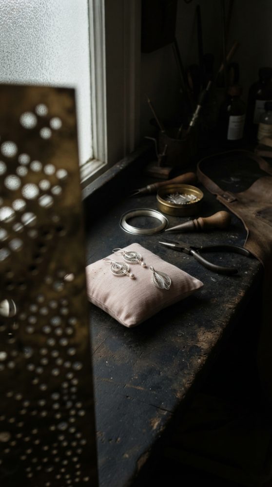 Bancada de joalharia artesanal com brincos de prata expostos em almofada rosa e ferramentas antigas