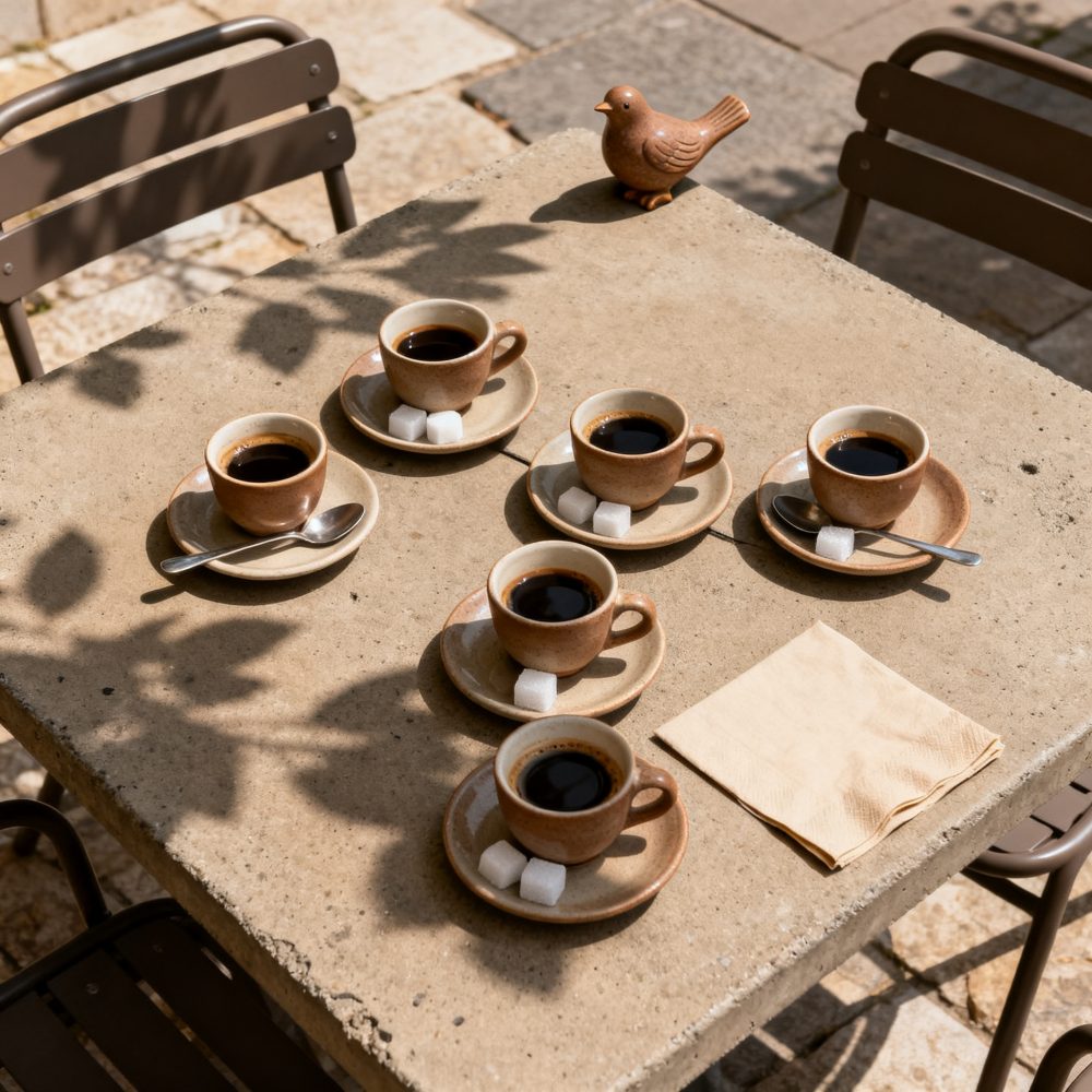 Mesa de exterior com cinco chávenas de café expresso e cubos de açúcar