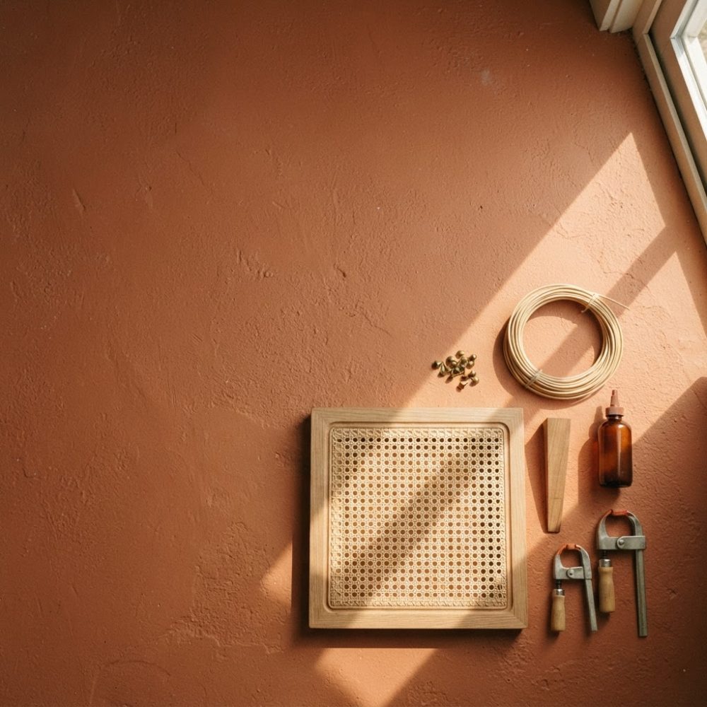 Ferramentas e materiais de vime para bricolage sobre superfície terracota iluminada pelo sol