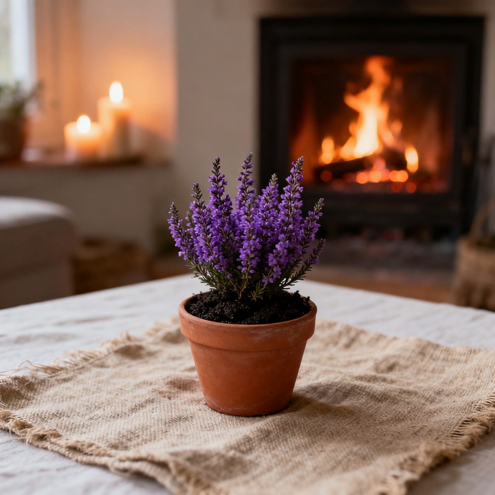 Vaso de barro com planta de lavanda roxa em tecido rústico, lareira acesa e velas ao fundo