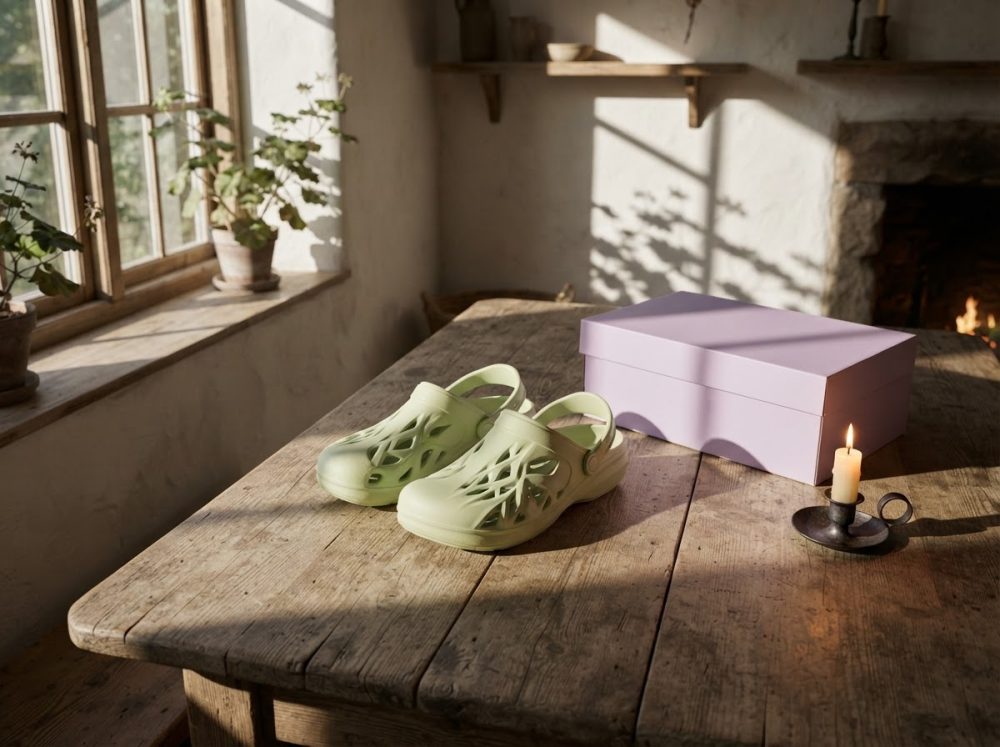 Calçado verde claro com design aberto ao lado de caixa lilás sobre mesa rústica com luz natural