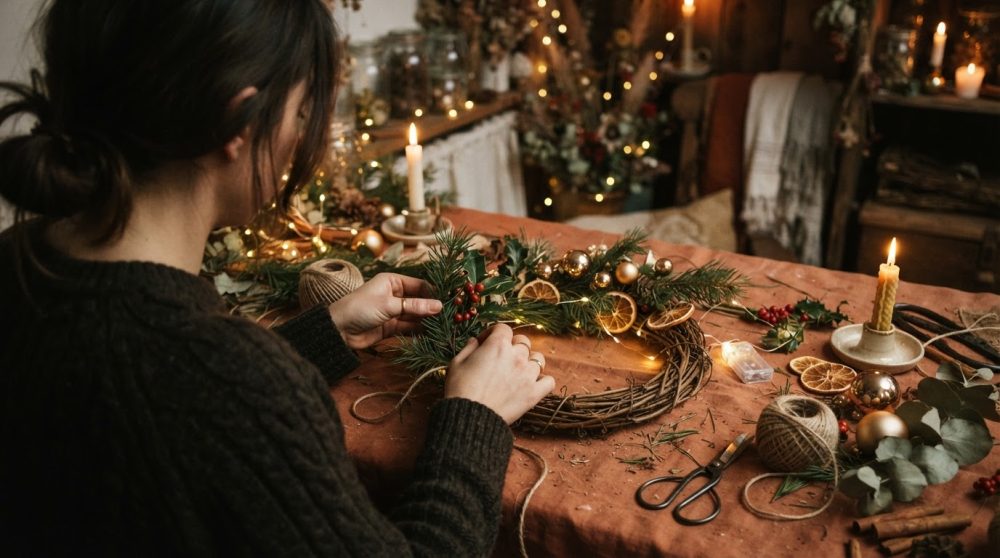 Pessoa a fazer guirlanda de Natal com ramos, frutas secas, velas e luzes sobre mesa rústica