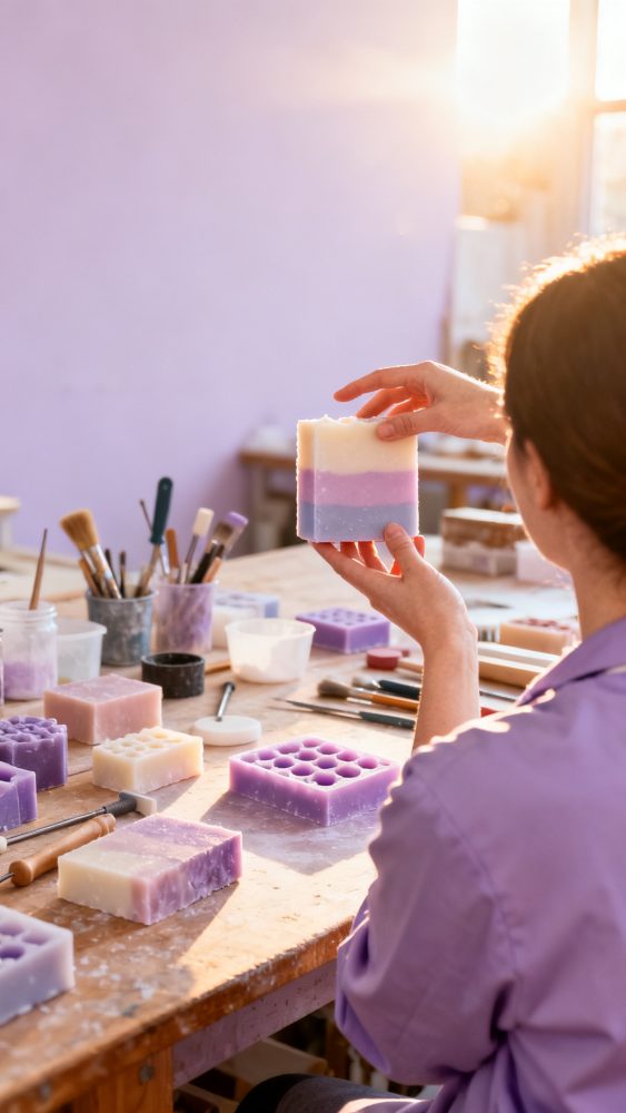 Pessoa segurando sabonete com camadas lilás e branco em mesa com vários sabonetes e pincéis