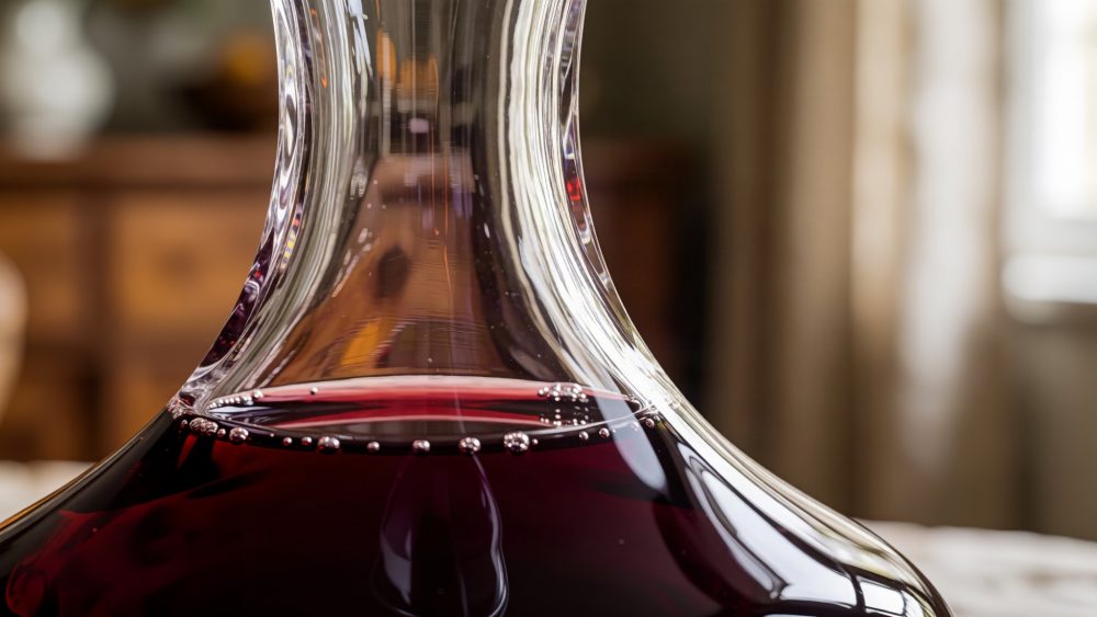Decanter de vidro com vinho tinto profundo em ambiente doméstico acolhedor e iluminado naturalmente