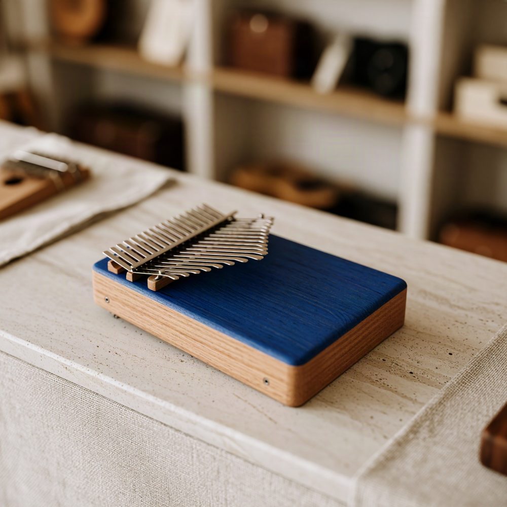 Kalimba azul de madeira com teclas metálicas sobre mesa clara em loja de instrumentos musicais