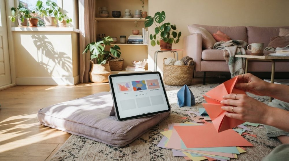 Tablet sobre almofada no chão com folhas coloridas e mãos a fazer origami numa sala cheia de plantas e luz natural