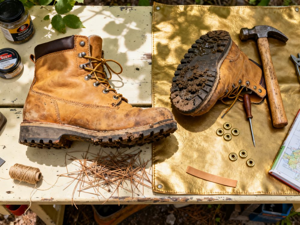 Botas de campismo usadas e sujas numa mesa com martelo, óleo de couro e ferramentas de reparação