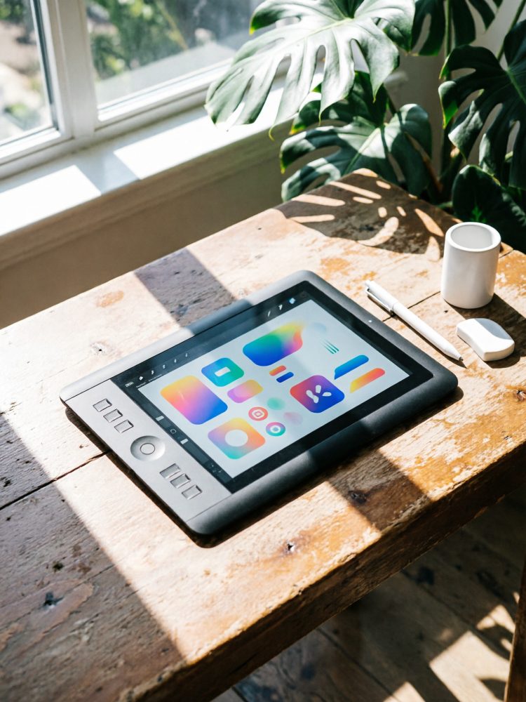Tablet gráfico com ecrã colorido sobre mesa de madeira com acessórios e luz natural