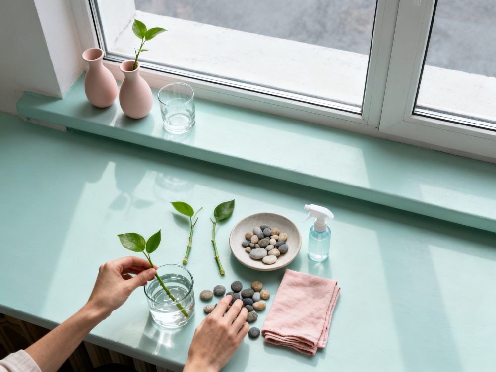 Mesa turquesa junto a janela com plantas em copo, pedras, spray e pano cor rosa para decoração natural