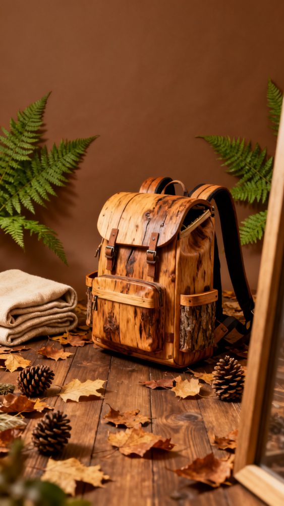 Mochila de madeira rústica com pinhas e folhas secas ao redor sobre chão de madeira