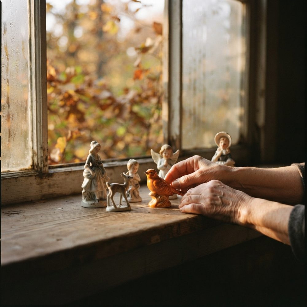 Mãos a manusear figuras de porcelana vintage numa janela de madeira com luz suave