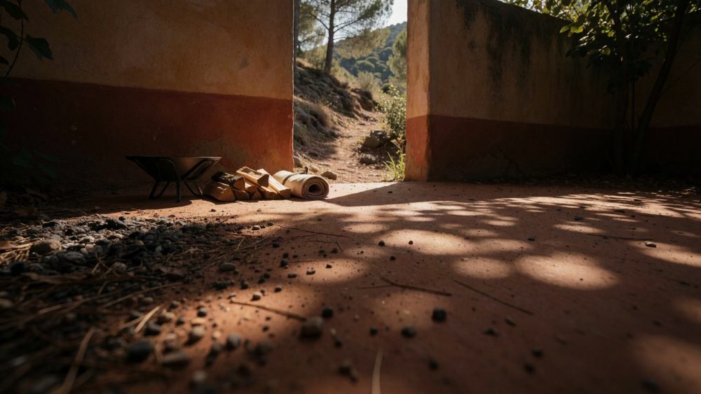 Equipamento de campismo com lenha, almofada e recipiente metálico junto a estrutura rústica e bosque ao fundo