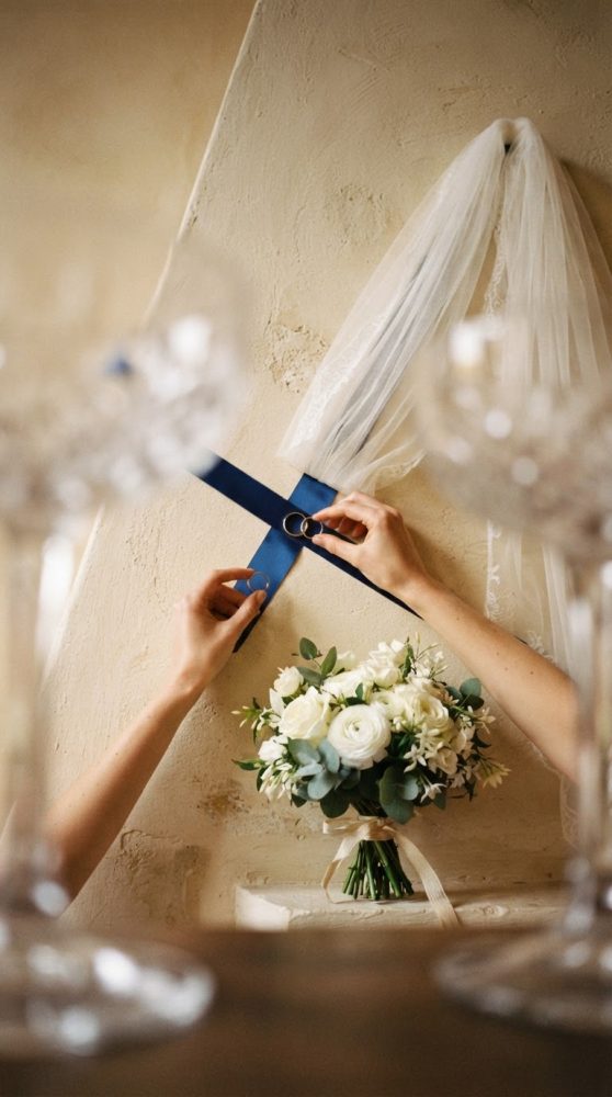 Véu de noiva, fita azul com alianças e bouquet branco contra parede clara